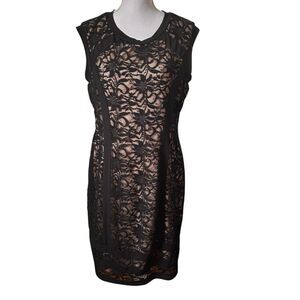 Candela Black Lace Illusion Dress Nude Lined Sheath Sleeveless Sequin Detail